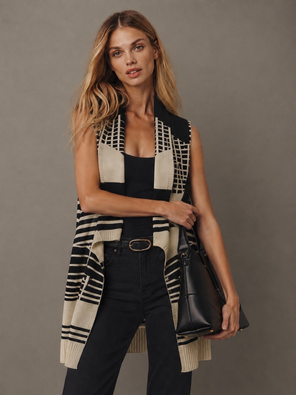 Vince Black Cream Striped Sleeveless Drape Cardigan Vest Size M